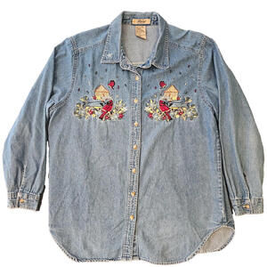 Vintage Womens 1990s 14W Demin Button Up Bird Embroidered Robins Sparrows Flower